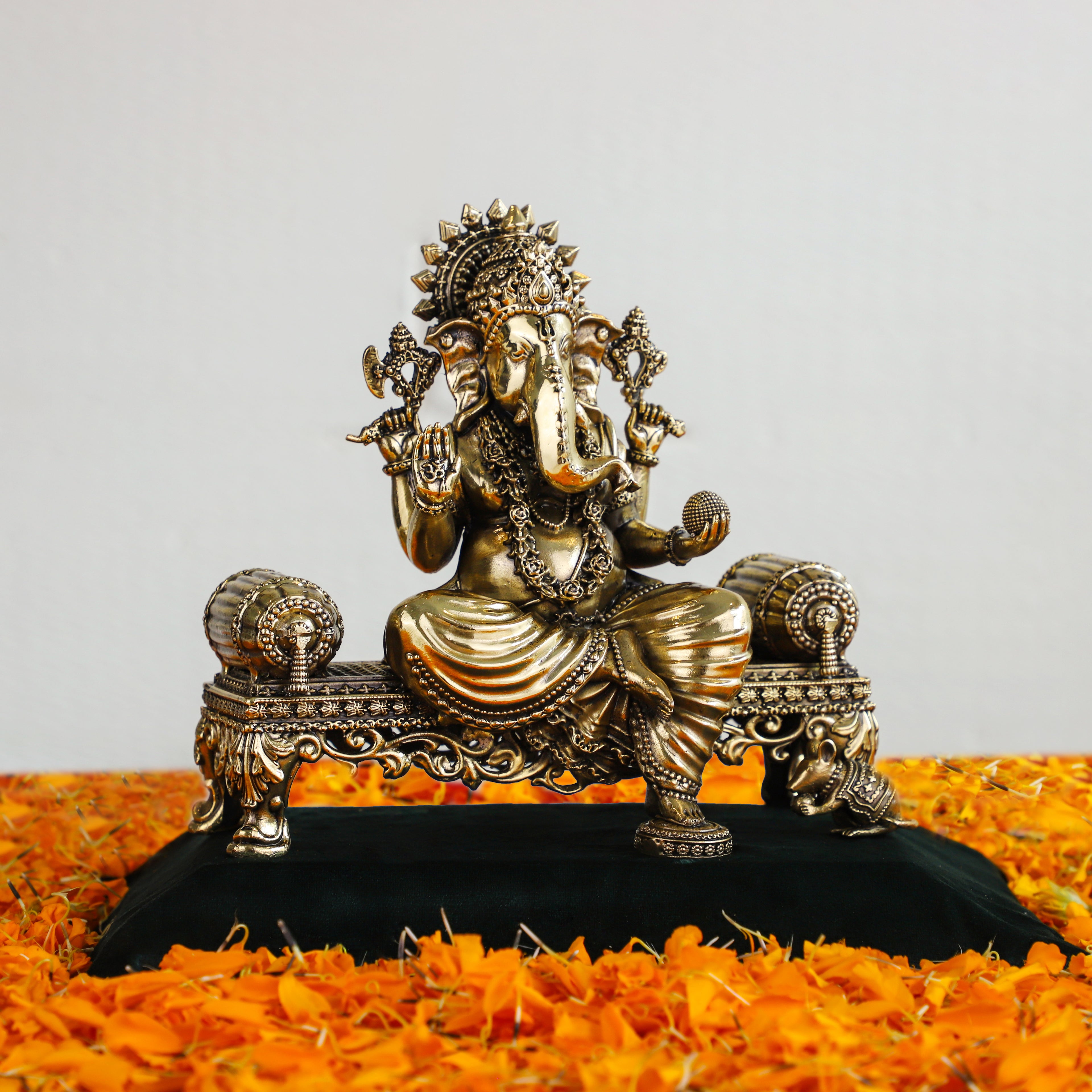 Brass Lord Ganesha sitting Singhasaan
