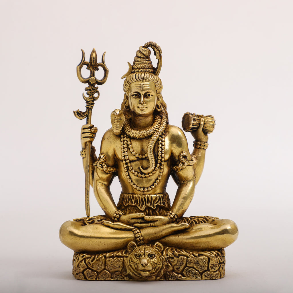Brass Lord Shiva sitting on Tiger Headed Skin