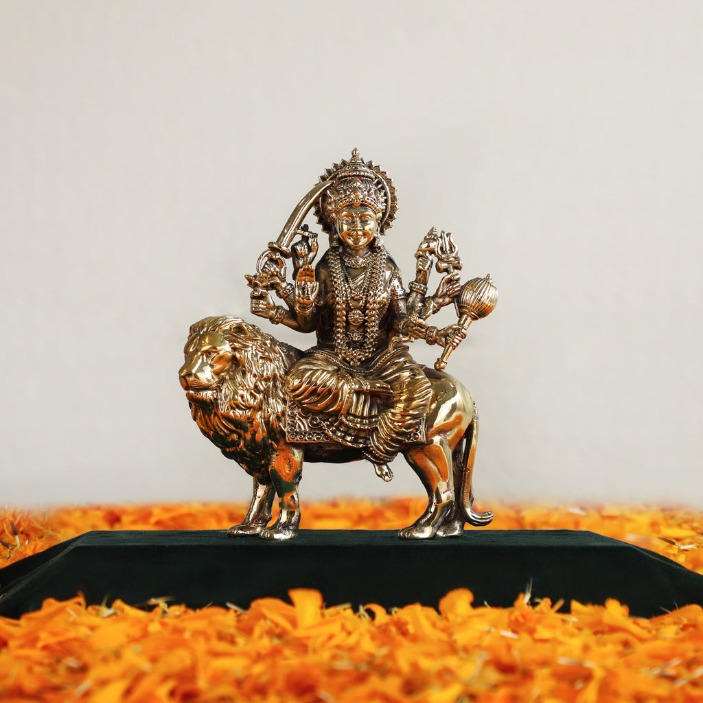 Brass Goddess Durga sitting on Lion