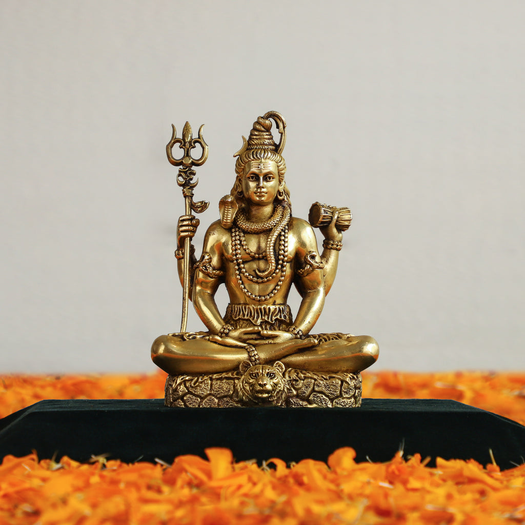 Brass Lord Shiva sitting on Tiger Headed Skin