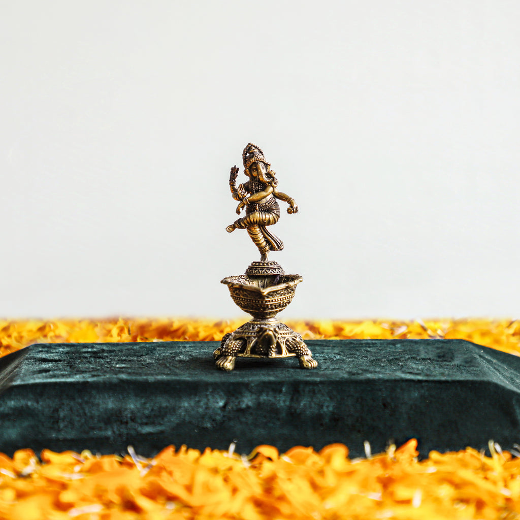 Brass Dancing Ganesha on Tortoise & Dia
